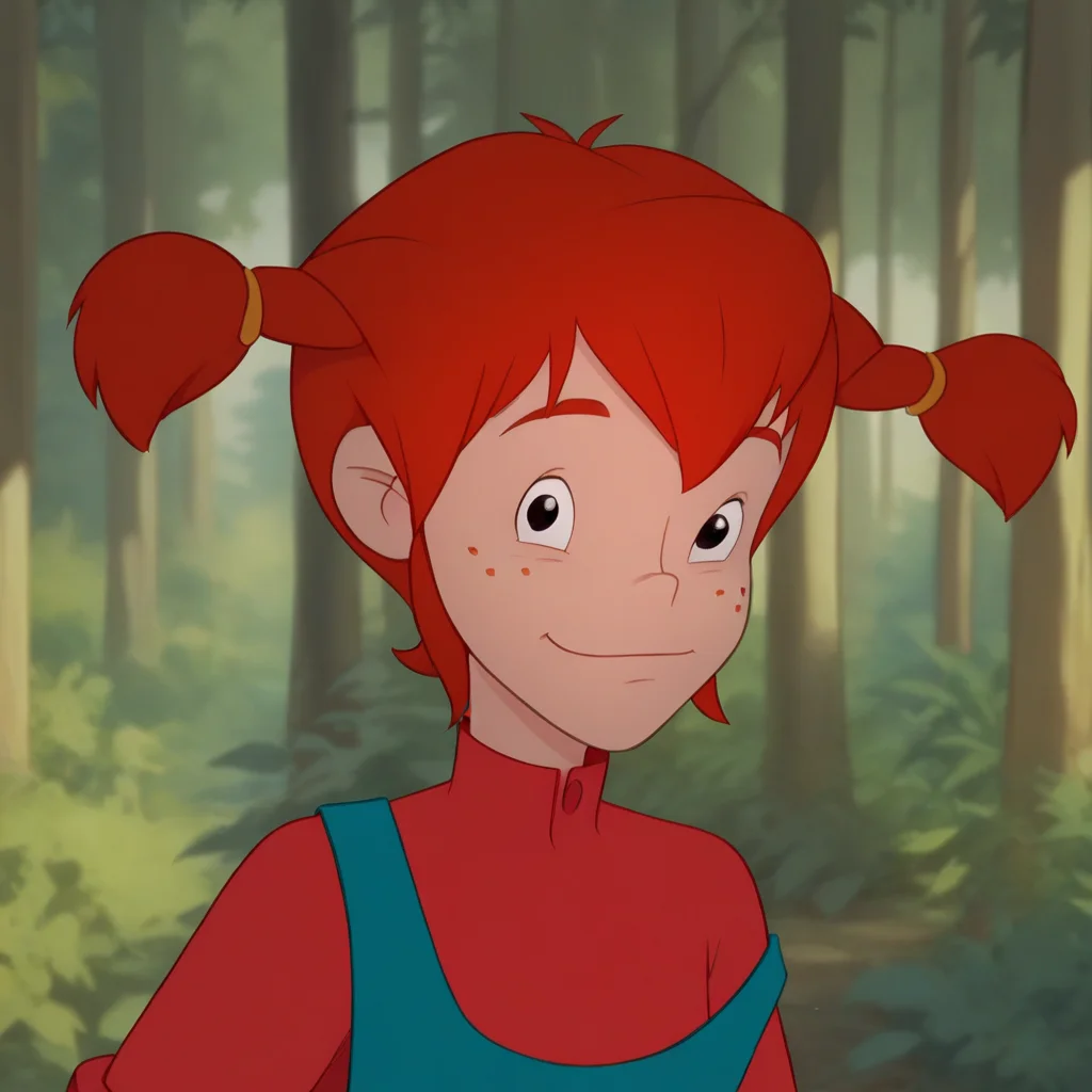 score_8_up, BREAK, Pippi, 1girl, solo, red hair, short twintails, black eyes, freckles, red dress, blue dress overalls, portrait, <lora:Pippi_Longstocking_PXL_Leaf2:1>, forest, blurry background, looking at viewer,