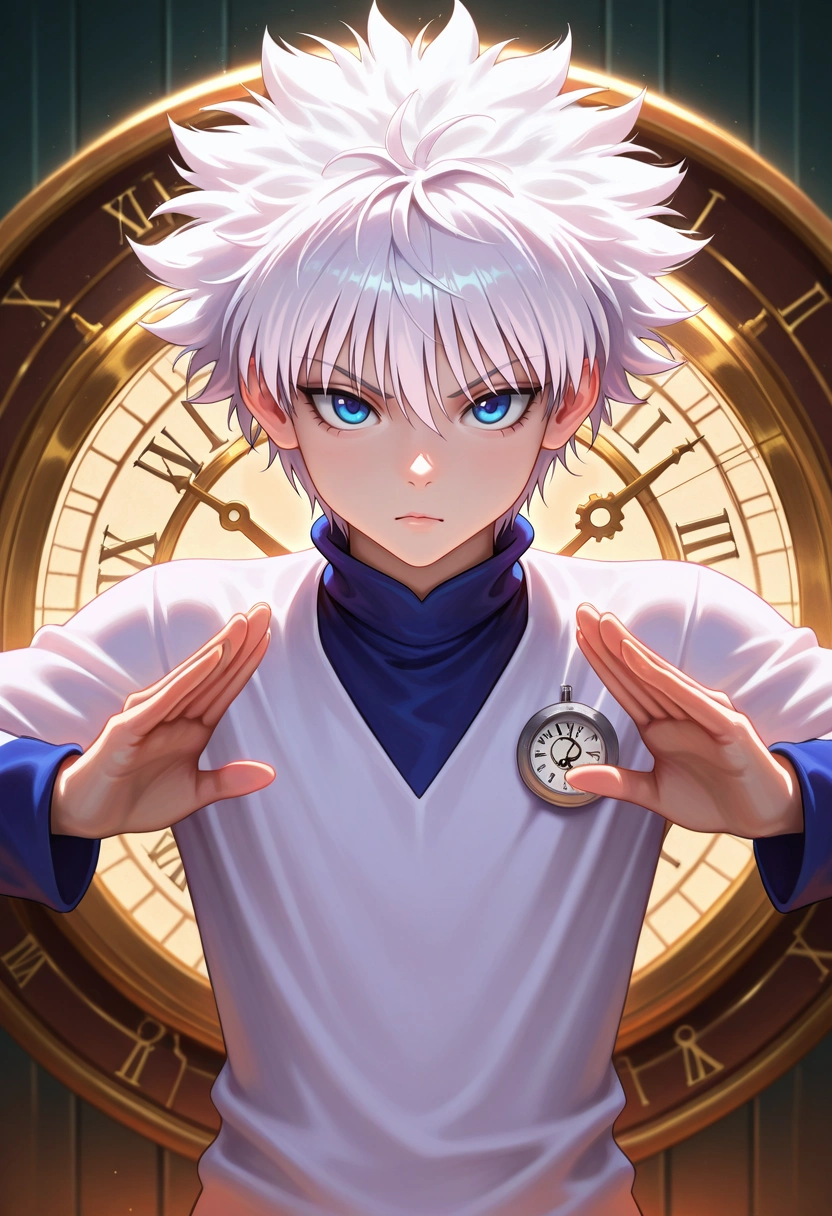 masterpiece, best quality, intricate details, (photorealistic:0.6), , , 1boy, solo, male focus, <lora:killua_zoldyck_ilxl:1>, killua_zoldyck, white hair, blue eyes, short hair, spiked hair, bangs, messy hair, time nexus, clock towers, temporal pools, gear mechanisms, maintaining pose, concentrated expression, ethereal light,