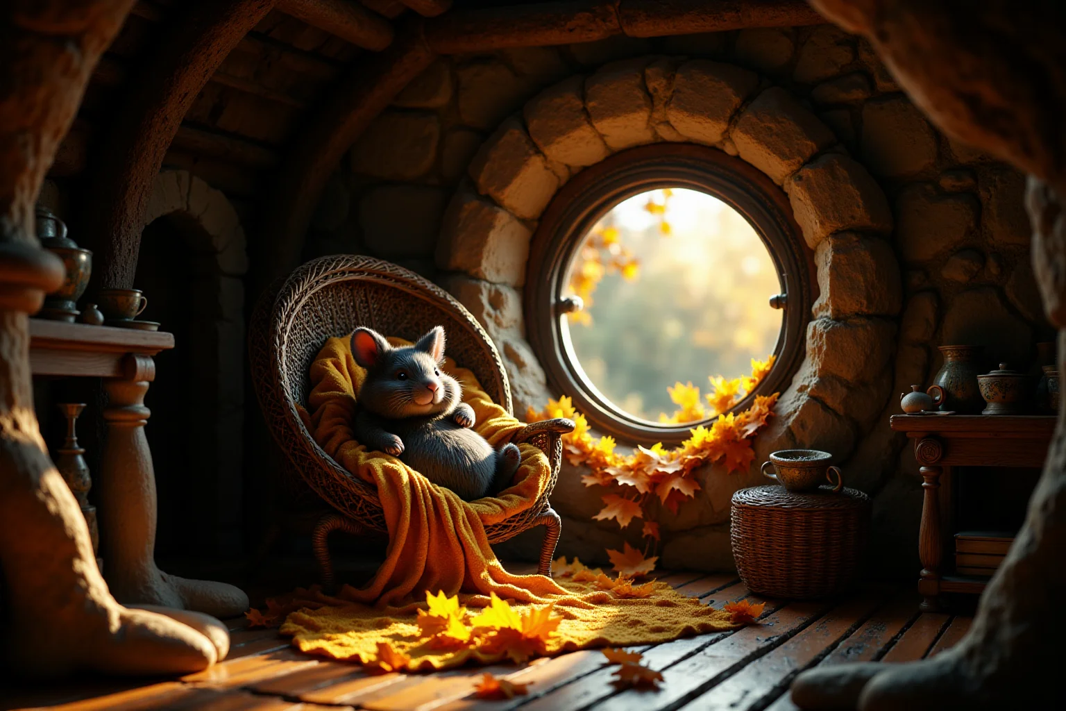 a photorealistic cinematic frame. In a cozy burrow, the interior of the hobbit's house, (a chubby Dzungarian hamste) sits in a wicker chair, hiding behind a yellow autumn leaf as a blanket, an autumn landscape is visible in a round window,the room is illuminated by natural light, many details indicate the character of the owner of the room, he likes to travel <lora:FluXPhoto:1> <lora:FluxMythP0rtr4itStyle:1> <lora:fluxenhancer:1>
