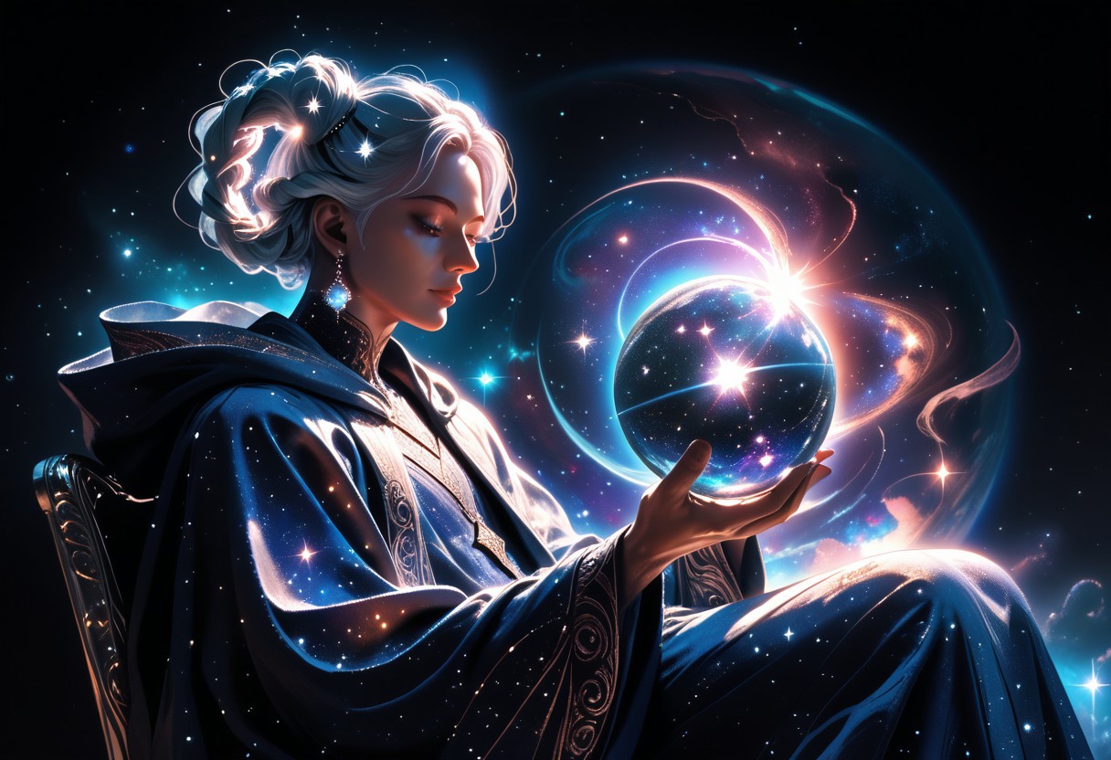 high quality, score_9, score_8_up, source_7_up, very aesthetic, high resolution, newest, depth of field, volumetric lighting, (masterpiece, best quality, ultra-detailed, High detailed), beautiful face,  absurdres, masterpiece, best quality, amazing quality, masterpiece,best quality,amazing quality, 8k, 
BREAK 
boy, muscular face, white hair, ethereal horns, curved horns, adult face,
druid robe, flowing robes, glowing runes around person,
sitting, orb, throne, crystal ball, chair, hooded cloak, robe, hood up, solo, hand holding orb,
galaxy inside orb, levitating, stardust,
surreal, detailed, rich_color_palette, light_and_dark, cosmic, mystical, magical, enchanting, fantastical, 
arcane, eerie, atmospheric, foreboding, dreamlike, void, space, nebula, stellar, galactic, astral, ethereal, cosmic, otherworldly, fantastical, galaxy,
dark background, night sky,