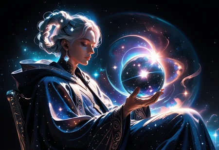 high quality, score_9, score_8_up, source_7_up, very aesthetic, high resolution, newest, depth of field, volumetric lighting, (masterpiece, best quality, ultra-detailed, High detailed), beautiful face, absurdres, masterpiece, best quality, amazing quality, masterpiece,best quality,amazing quality, 8k,
BREAK
boy, muscular face, white hair, ethereal horns, curved horns, adult face,
druid robe, flowing robes, glowing runes around person,
sitting, orb, throne, crystal ball, chair, hooded cloak, robe, hood up, solo, hand holding orb,
galaxy inside orb, levitating, stardust,
surreal, detailed, rich_color_palette, light_and_dark, cosmic, mystical, magical, enchanting, fantastical,
arcane, eerie, atmospheric, foreboding, dreamlike, void, space, nebula, stellar, galactic, astral, ethereal, cosmic, otherworldly, fantastical, galaxy,
dark background, night sky,