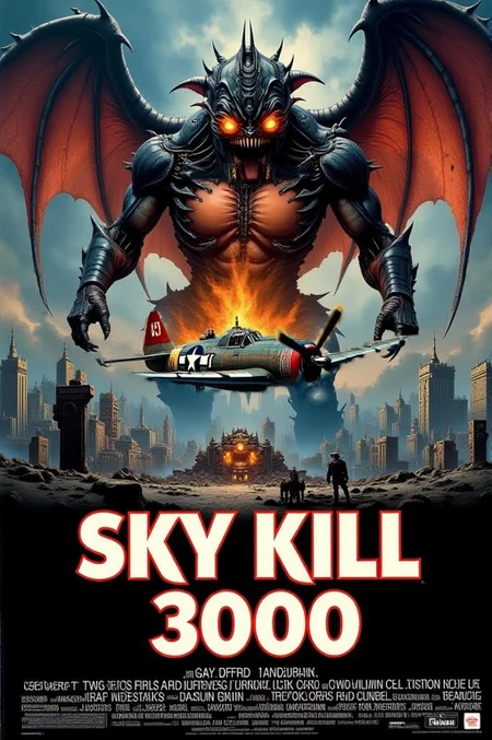 <lora:MoviePoster02-00_CE_FLUX_128AIT:1> mvpstrCE style  Display the text "Sky Kill 3000" on a movie poster.
 <lora:nytemare-creature:1> nytemare_creature on a centre. It is a massive cybernetic monster with flaming wings and glowing eyes rampages through a futuristic megacity, tearing buildings apart with its mechanical claws.