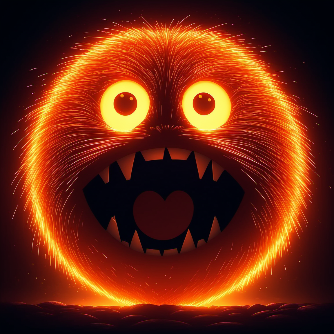 fireart, a circular of sparks is shown in the dark,<lora:fireart:1>, cartoon monster, cute, big eyes, big mouth, art by gediminas pranckevicius and Alexander Jansson, pixar, centered, dramatic lighting, glowing light, simple solid background, no background, detailed face, cinematic, illustration, no gradient, trending on a