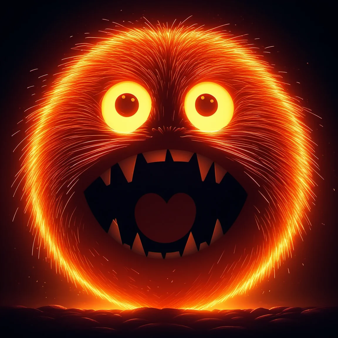 fireart, a circular of sparks is shown in the dark,<lora:fireart:1>, cartoon monster, cute, big eyes, big mouth, art by gediminas pranckevicius and Alexander Jansson, pixar, centered, dramatic lighting, glowing light, simple solid background, no background, detailed face, cinematic, illustration, no gradient, trending on a