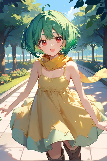 score_9, score_8_up, score_7_up, very aesthetic, source_anime, detailed,
park,
cowboy shot, close up, dynamic angle,
open smile, blush,
1girl, flat chest, petite female,
<lora:rankaDress_autismConfetti_v04:0.99>ranka lee, green hair, red eyes, short hair, ahoge,
yellow dress, sleeveless, bare shoulders, yellow scarf, brown boots, ahoge, zPDXL