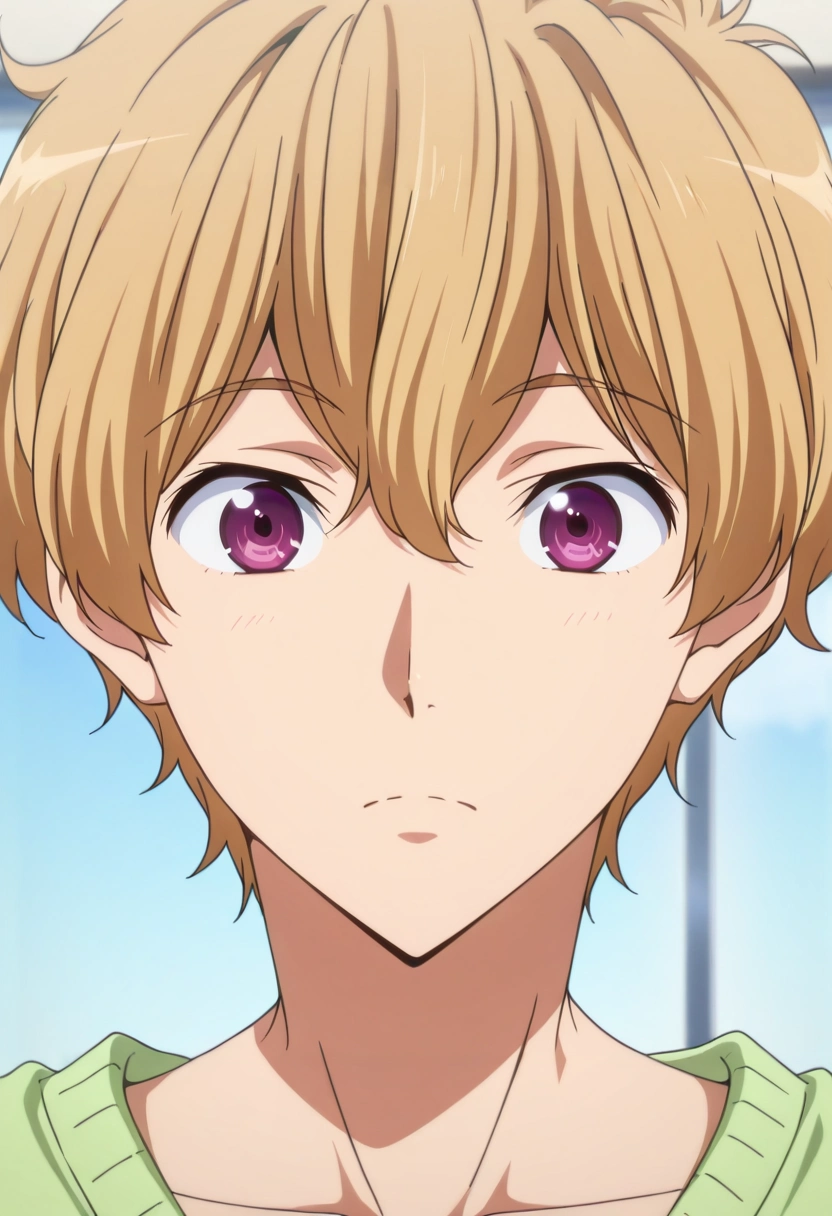 masterpiece, best quality, , anime screencap, , , looking at viewer, 1boy, solo, male focus, <lora:nagisa_hazuki_ilxl:1>, nagisa_hazuki, blonde hair, purple eyes, ,