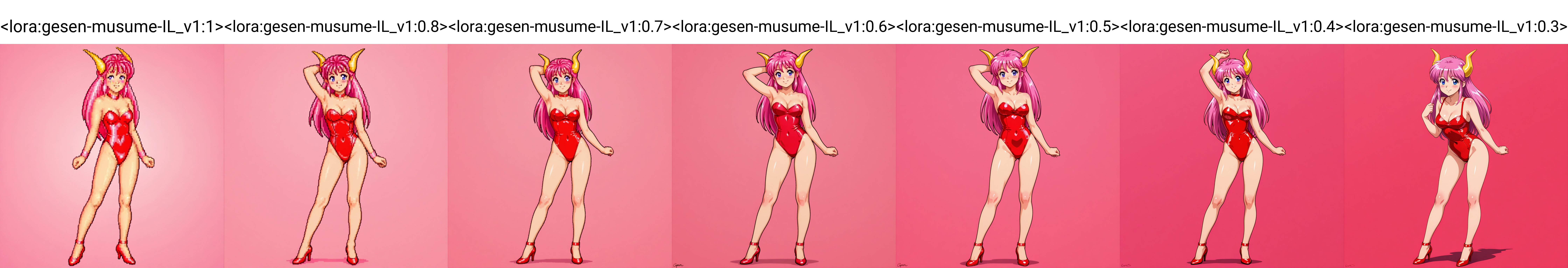 [generated by waiNSFW_v120:100]
<lora:gesen-musume-IL_v1:1>gesen-musume, solo, 4K, anime coloring, BREAK
horn head, pink hair,
medium breasts,
red leotard, cleavage,
highheels,
smile,
standing,
blush,
masterpiece, beautiful face, best quality