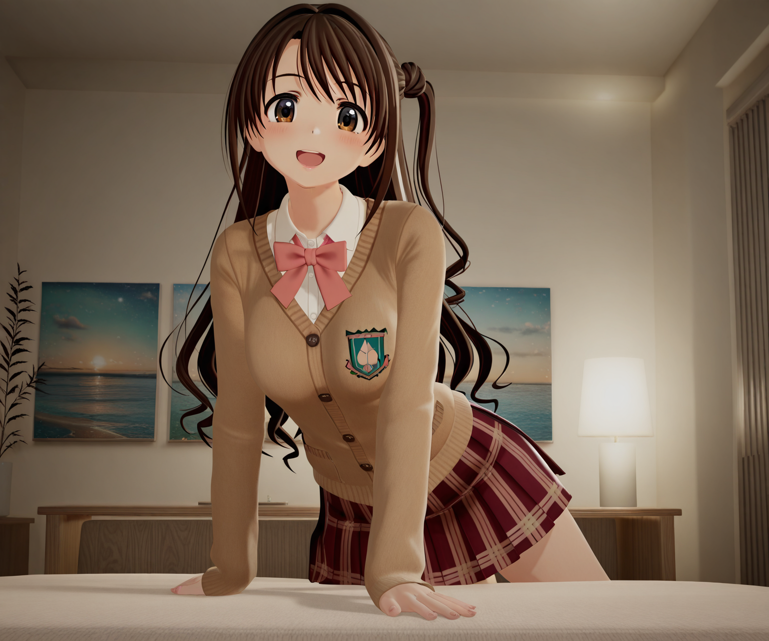 masterpiece, best quality, amazing quality, , 1girl, solo, looking at viewer, shimamura uzuki, cardigan, shirt, skirt, smile, open mouth,  <lora:New Kizuna AI ILL-v2:1> newkizunaai, 3d,