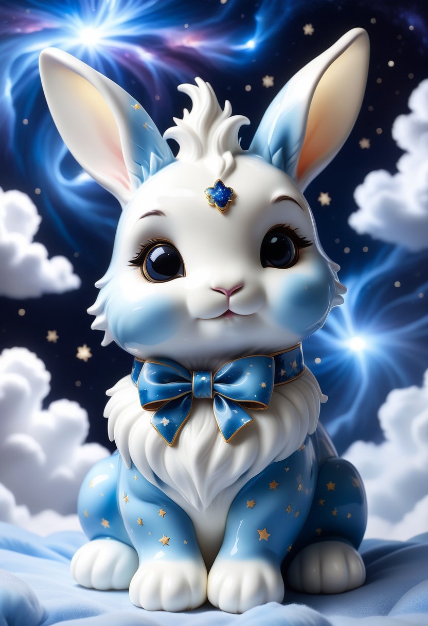 1 baby bunny made of Bluepatternporcelain  being playful, wearing ribbon choker in different colours, different fur, super cute,, The bunny raises its paws towards the viewer, in the galaxy, space bunny lying on a ruffled pillow in the clouds,lluminated by the ethereal glow of cosmic lightning, the light is reflecting shadows on the cute animal, for the viewer, it appears alive, as if a glimpse of its inner sparkle is possible, star sky, peacful and grateful atmosphere, painted hearts, magical atmosphere, close up(((cuteness overload))