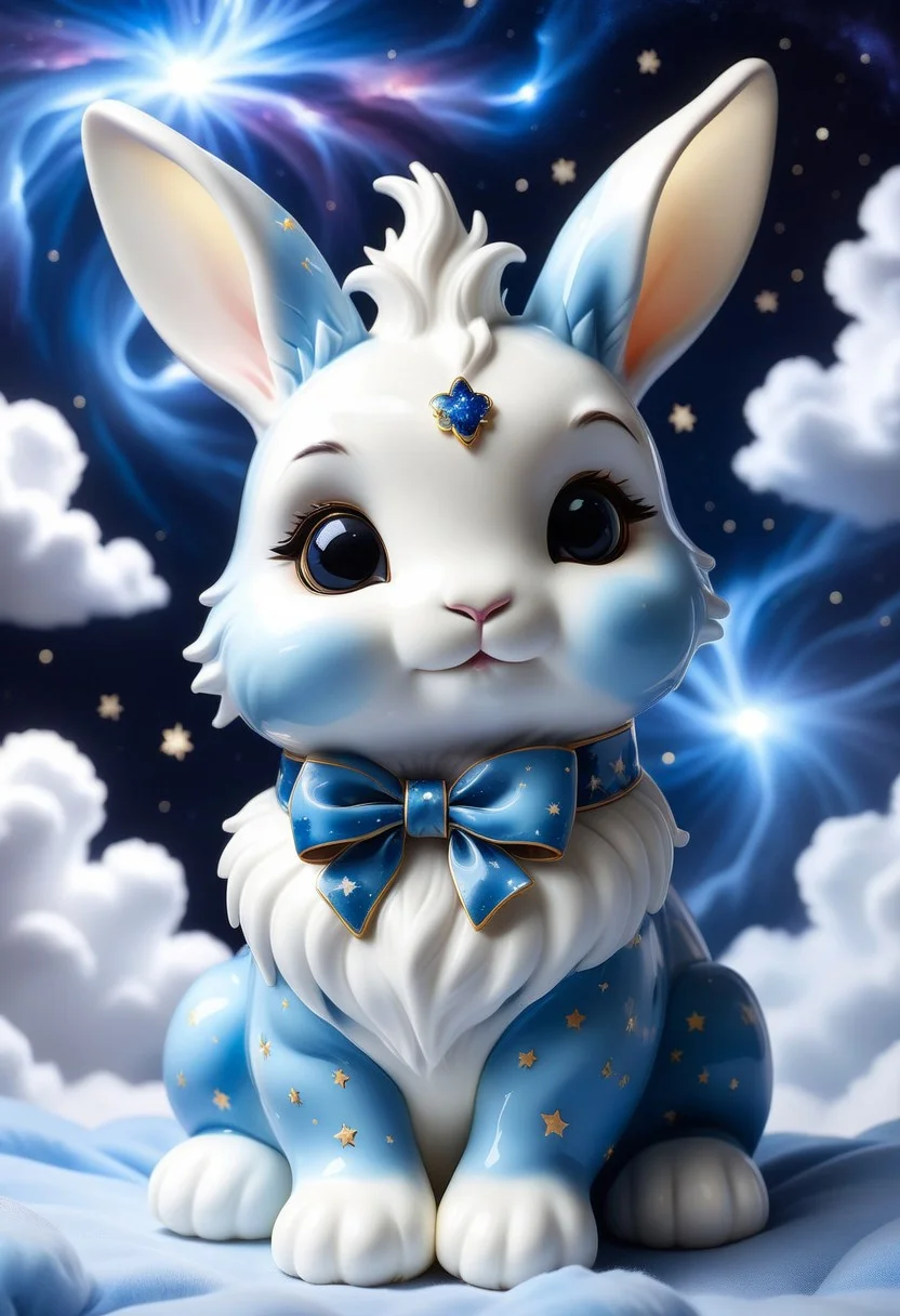 1 baby bunny made of Bluepatternporcelain  being playful, wearing ribbon choker in different colours, different fur, super cute,, The bunny raises its paws towards the viewer, in the galaxy, space bunny lying on a ruffled pillow in the clouds,lluminated by the ethereal glow of cosmic lightning, the light is reflecting shadows on the cute animal, for the viewer, it appears alive, as if a glimpse of its inner sparkle is possible, star sky, peacful and grateful atmosphere, painted hearts, magical atmosphere, close up(((cuteness overload))
