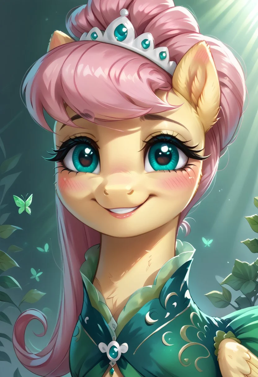 score_9, score_8_up, score_7_up, score_6_up, score_5_up, score_4_up, my little pony, ((feral pony)), (FLUTTERSHY), 1GIRL, ((solo)), (sexy), (beautifully detailed pink long hair:1.0), (turquoise eyes:1.0), (detailed blush:1.5), (yellow fur:1.5), detailed shiny eyes, ((shy smile:1.5)), (beautiful), (light green foliage background:1.5), (green dress:1.5), (rendering quality), (green rose all around), (green crepuscular rays:1.5), (green butterflies)