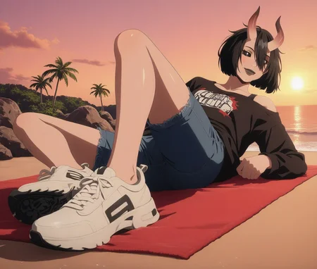 LDSCH Style, aesthetic, from below, foot focus, (masterpiece, newest, 2024, absurdres, very awa, intricate details:1.4) looking at viewer, cute, detailed hair, absurdres, masterpiece, very aesthetic, red theme, sunset, golden hour, clouds, tropical tree, vegetation, rocks beach, sand, ocean, ocean waves, water, lens flare, , beach, laying on back on a red towel, wet, lying down, towel, smile, 1girl, solo, black hair, short hair, bob cut, bangs, hair between eyes, hair over one eye, asymmetrical horns, oni horns, skin-covered horns, black eyes, black sclera, sclera, closed mouth, mole, mole under mouth, black lips, lipstick, makeup, white loose shirt, blue denim shorts, white sneakers, <lora:Fortnite_-__The_Night_Rose_ILXL_-_All_Outfits:0.9> <lora:LDSCH:0.8>