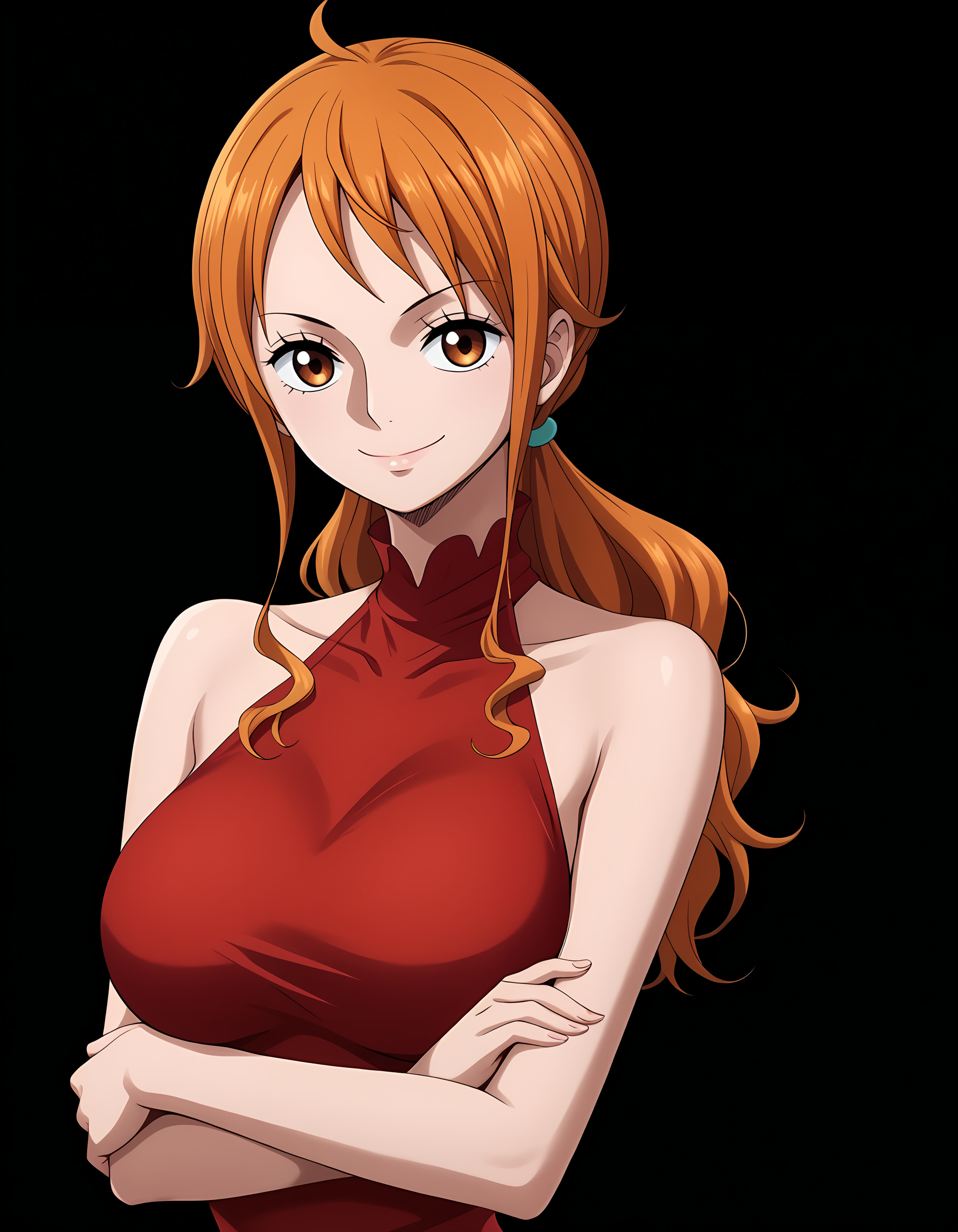 <lora:Nami_Pony-000010:1>,nam1, simple black background
1girl, solo, wh0le-cak3-dress, red halter dress, high neckline, arms under breasts, smile, closed mouth,