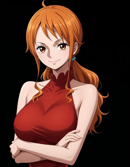 <lora:Nami_Pony-000010:1>,nam1, simple black background
1girl, solo, wh0le-cak3-dress, red halter dress, high neckline, arms under breasts, smile, closed mouth,