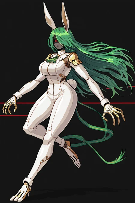 score_9, score_8_up, score_7_up, score_6_up, score_5_up, score_4_up, BREAK, source_anime, solo, 1girl, rating_safe, ((mature female)), ((long green flowing hair)), mechanical parts, ((plastic, polymer, metal body)), (big mechanical rabbit ears), mature female, (bunny ears), (animal ears), subdermal port, ((milf, mature female, big breasts)), hexagon lines in skin, naval uniform overcoat, naval uniform, white military uniform, dress_uniform, ribbons, ((red eyes)), bunny tail, rabbit tail, aiguillette, ((green hair)), ascot, ((Cinematic Aspect Ratio shot, Running with arms pumping at sides )), pilot suit, shoulder cutout, bunny rabbit Tail, ((hair over one eye, )), digitigrade, clawed feet, minimal clothes, ((metal skin, shiny skin, vampire aesthetic, digital eyes, filled eyes, monochromatic eyes, glowing eyes, colored sclera, red sclera, mechanical eyes, partially shaded face, slit pupils, angular, minimal face, minimalism, narrow eyes, large eyes)), (anubis \(mythology\), anubis \(mythology\), ), <lora:Pony_DetailV2.0:1.5>, <lora:age_slider_v4:4>, ((dark, shaded, black background, horror, GREEN HAIR,)) <lora:ECHANIS:0.7>,  <lora:Valmardraws:1> by valmardraws, pixel art