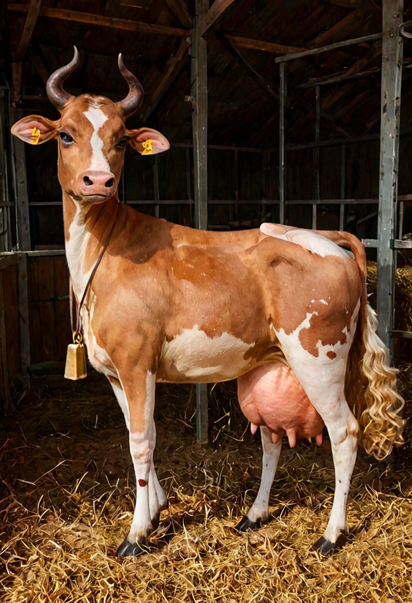 score_9, score_8_up, score_7_up, no humans, no furry, female, cow, brown fur, light brown fur, tan fur, medium horns, curved horns, cowbell, bell necklace, black hooves, short tail, smug expression, wide hips, thick thighs, curvy body, eyelashes, yellow pendant, short hair, curly hair, double chin, droopy eyelids, walking, side view, farm background, udder 4 teats udder, large udder, huge udder,