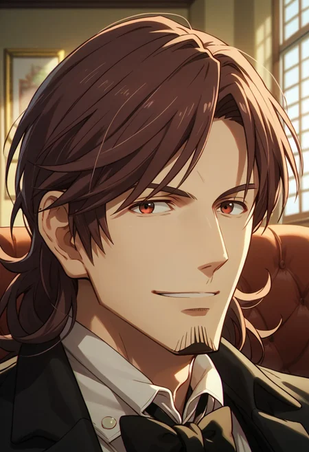 score_9,score_8_up,score_7_up,source_anime, Soichiro Mikuni,solo,looking at viewer,smile,shirt,long sleeves,1boy,jacket,white shirt,upper body,male focus,collared shirt,indoors,formal,suit,goatee,