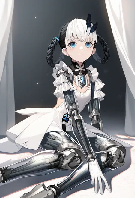 solo,
two-tone hair, black hair, white hair, twin braids, blue eyes,feather hair ornament, white gloves, freckles, light smile, feet,
white dress, mechanical arms, mechanical legs, translucent skin,
sitting, yokozuwari,
white curtains,
brooch,
ballet,
masterpiece, best quality
<lora:bambinataNOOB10:1>