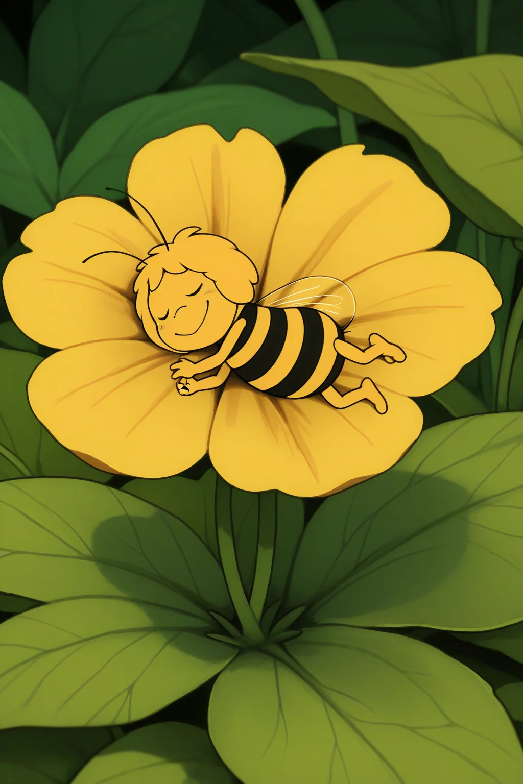 masterpiece, best quality, amazing quality, absurdres, solo, mayathebee, anthropoid girl, furry female, antennas, striped, bee girl, wings, smile, lying, closed eyes, sleeping, on flower, minigirl, outdoors, nature