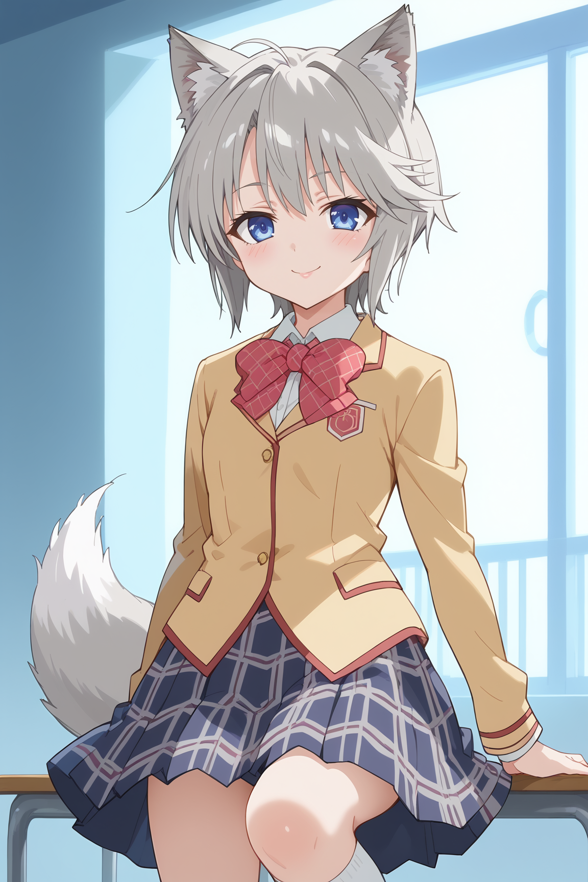 score_9, score_8_up, score_7_up, source anime, prefect lighting, very aesthetic, BREAK, anime coloring, anime screencap,
<lora:ezomori_nozomu_v1-pdv6:1>, 1girl, ezomori nozomu, kanokon, blue eyes, grey hair, short hair, wolf ears, wolf tail, 
school uniform, long sleeves, bow, plaid skirt, kneehighs,
BREAK, light smile, blush, looking at viewer, 
BREAK,