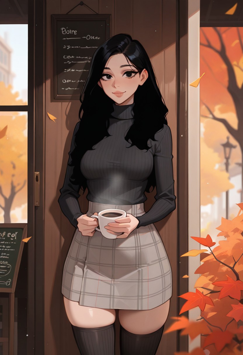 masterpiece, very aesthetic, absurdres, amazing quality, intricate detail, highly detailed, light particles, volumetric lighting, background blurred, depth of field, soft textures, 
1woman, adult female, tall body, slim body, black hair, eyes, lips, nose , long hair, black turtleneck, grey plaid skirt, black_thighhighs, ribbed_thighhighs,
coffee, comfy, autumn, cafe, 
looking at viewer,