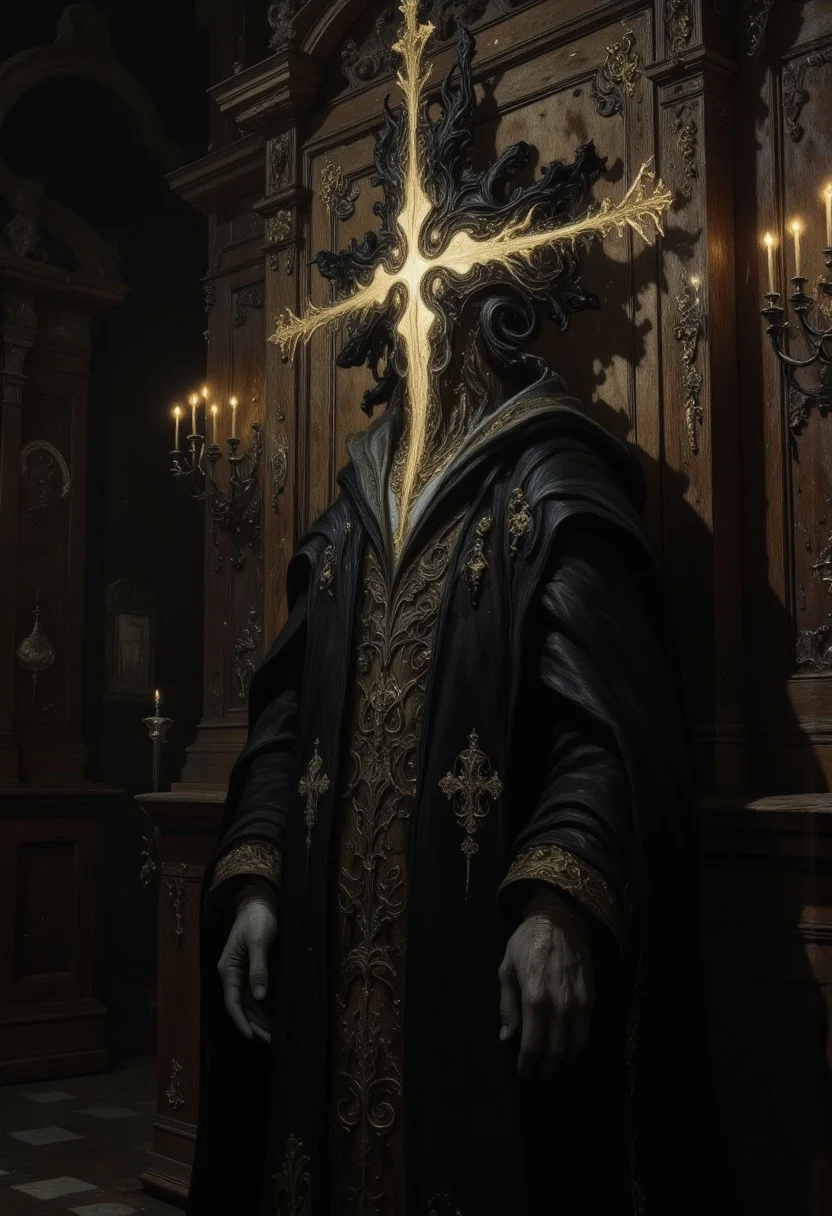 A close-up surreal portrait of a Catholic priest standing in front of a dimly lit confessional booth. His body is draped in traditional clerical robes, detailed with delicate embroidery and a long, flowing cassock. His head is a hollow, featureless piece of dark wood, perfectly smooth and polished, with a cross-shaped cutout at the center of his face.
From within the hollow head, a pale, ethereal golden light glows, soft and haunting, casting narrow rays through the cross-shaped void. The light beams pierce through the darkness, illuminating the worn wooden panels of the confessional booth and casting delicate shadows along the intricate carvings.
The background is cold and shadowy, with faint outlines of Gothic arches and the dim flicker of candlelight. The contrast between the golden light within his hollow head and the dark, shadowy confessional creates a surreal and haunting narrative of absolution and emptiness.