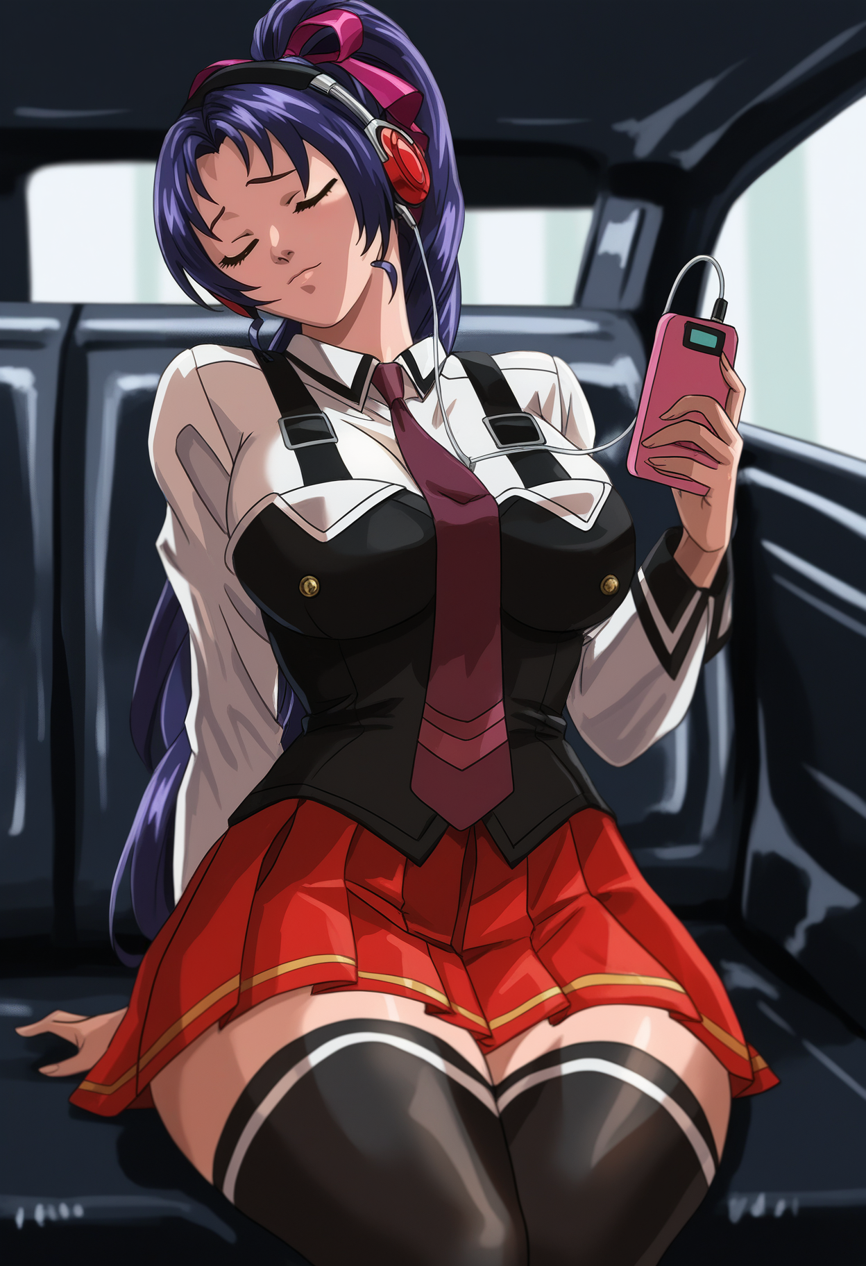 masterpiece, good quality, best quality, highres, very awa, bloom, shadow,
Kozono Nami, 1girl, solo, sitting, legs together, cowboy shot,
holding digital walkman, headphones, closed eyes, head up, turning head, closed mouth, raised eyebrows, wire, holding digital media player,
long hair, purple hair, high ponytail, hair ribbon, looking to the side, looking up,
school uniform, vest, suspenders, red necktie, black thighhighs, pleated skirt,
curvy, large breasts,
indoors, car interior, limousine interior, limousine,
<lora:Kozono Nami 3216 NoobAIXL Vpred L2:1>