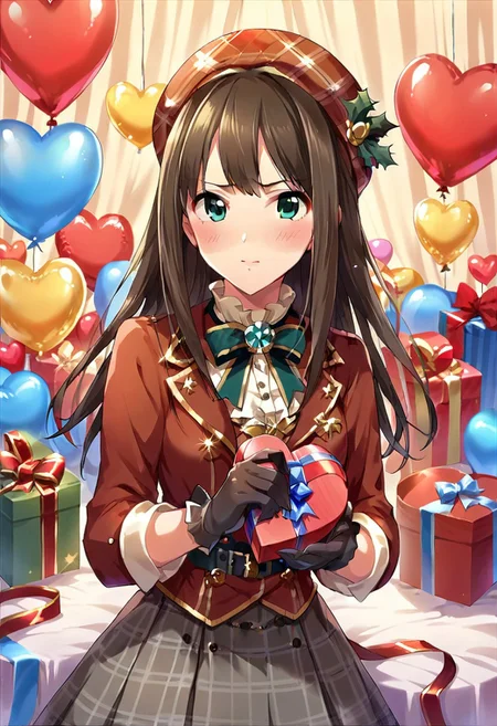 score_9, score_8_up, score_7_up, source_anime,shibuya rin, long hair, brown hair, green eyes, plaid headwear, hat, gift, gloves, box, valentine, balloon, gift box, blush, 1girl,solo