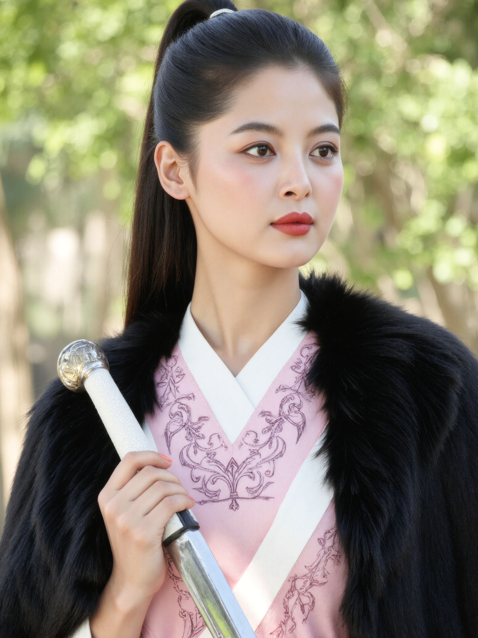 This is a high-resolution photograph featuring a young Asian woman with fair skin and delicate features, standing outdoors against a softly blurred natural background. Her long, straight black hair is tied into a high ponytail, secured with a small, decorative hairpin. Her expression is contemplative, her gaze directed slightly to the right.

She is dressed in a traditional Chinese outfit, wearing a black, luxurious fur-trimmed cape over a pale pink and white robe adorned with intricate embroidery. In her right hand, she holds a long, elegant sword with a white handle and a polished silver blade, the weapon resting naturally at her side.

The lighting is soft and natural, likely from the sun, casting gentle shadows across her serene face and bringing out the textures of her clothing and the sheen of the blade. The composition follows the rule of thirds, positioning the subject slightly off-center to the right, creating a balanced and visually compelling image.

