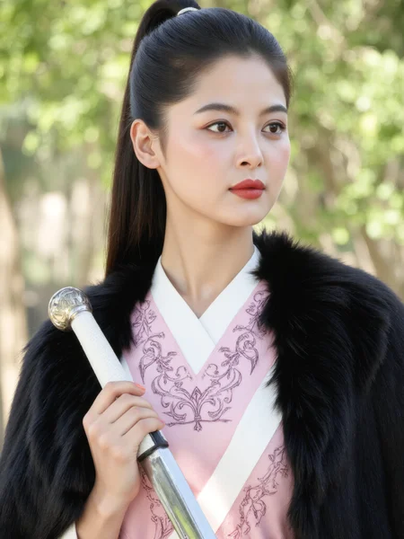 This is a high-resolution photograph featuring a young Asian woman with fair skin and delicate features, standing outdoors against a softly blurred natural background. Her long, straight black hair is tied into a high ponytail, secured with a small, decorative hairpin. Her expression is contemplative, her gaze directed slightly to the right.
She is dressed in a traditional Chinese outfit, wearing a black, luxurious fur-trimmed cape over a pale pink and white robe adorned with intricate embroidery. In her right hand, she holds a long, elegant sword with a white handle and a polished silver blade, the weapon resting naturally at her side.
The lighting is soft and natural, likely from the sun, casting gentle shadows across her serene face and bringing out the textures of her clothing and the sheen of the blade. The composition follows the rule of thirds, positioning the subject slightly off-center to the right, creating a balanced and visually compelling image.