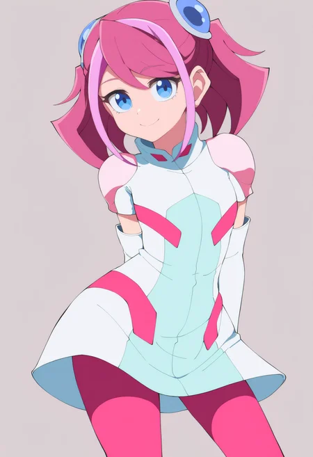 best quality, amazing quality, very aesthetic, absurdres, thick lineart,
1girl, zuzu boyle, pink hair, blue eyes, short twintails, two-tone hair,
bodysuit, elbow gloves, pink pantyhose,
upper body, standing,
smile, looking at viewer, solo, simple background, white background, <lora:ZuzuBoyleNoobXL_byKonan:1>