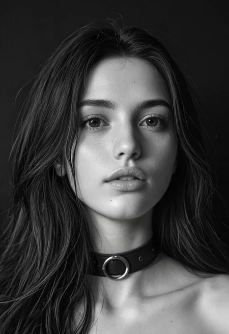 score_9, score_8_up, score_7_up BREAK
(portrait shot, close up)
1girl, long hair, pale lips, choker.
((black and white:2))