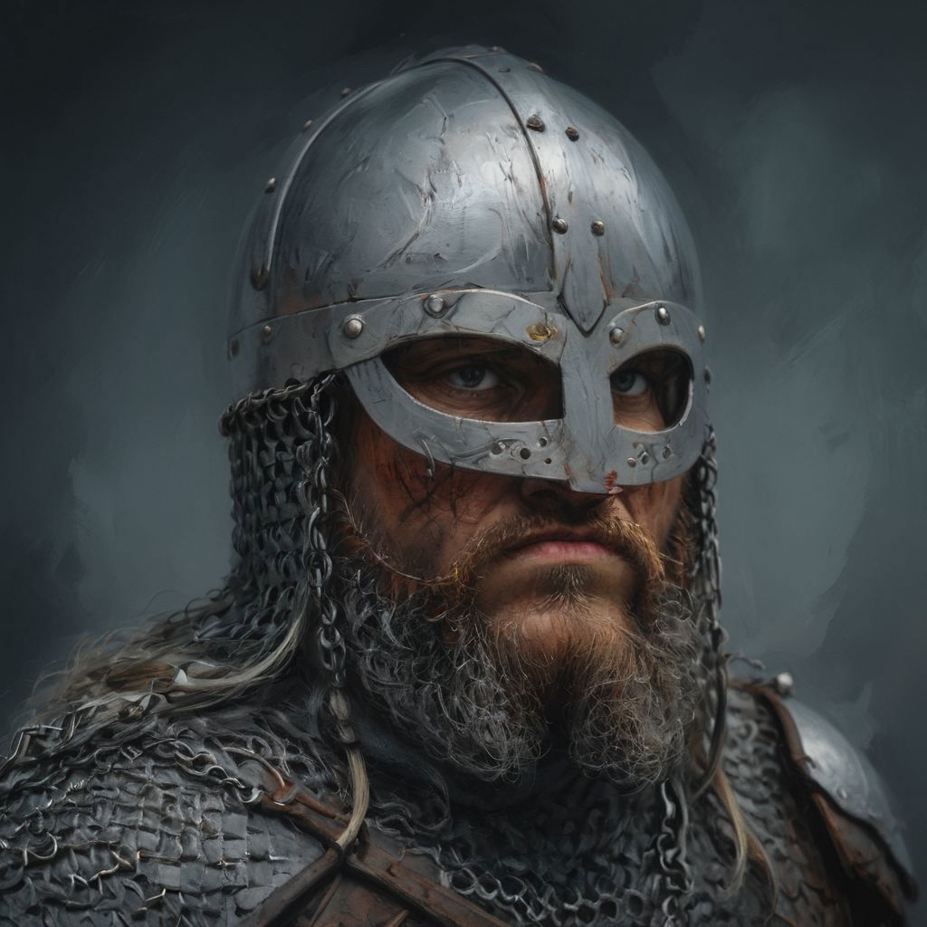 Cartoon, dark fantasy, portrait of a strong viking warrior, viking chainmail helmet, in battle, fierce, rough, realistic skin texture, looking at viewer with a simple background, dark aura, oil painting