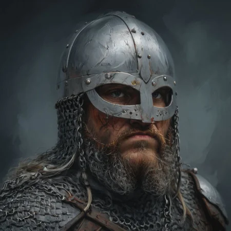 Cartoon, dark fantasy, portrait of a strong viking warrior, viking chainmail helmet, in battle, fierce, rough, realistic skin texture, looking at viewer with a simple background, dark aura, oil painting