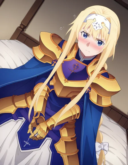 score_9, score_8_up, score_7_up, source_anime,
alicezuberg, <lora:alice-zuberg-s3-ponyxl-lora-nochekaiser:1>,
alice zuberg, bangs, blue eyes, blonde hair, hair between eyes, very long hair, braid, hairband, white hairband,
dress, cape, armor, blue dress, shoulder armor, gauntlets, pauldrons, breastplate, armored dress, faulds, blue cape, knight, gold armor, body armor,
indoors, bed, bed room, on side, blush, drunk,
solo, looking at viewer, cowboy shot, dutch angle,