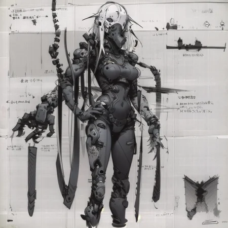 monsters-creatures, cyborg girl <lora:epiNoiseoffset_v2:1.3>, <lora:blameLora_v10:1>, heavy black and white, (((concept art, drawing, sketch, Undd, solo))), <lora:Undead Nirasawa II:0.6>,