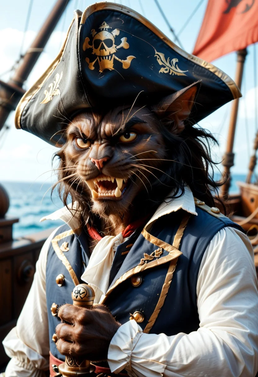 score_9, score_8_up, score_7_up, 1boy, pirate captain, cat, dark fur, long fur, solo, anthro, evil, fangs, eyepatch, pirate captain hat, fangs, angry, holding sword, pirate ship