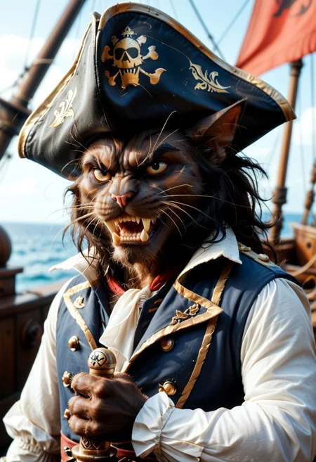 score_9, score_8_up, score_7_up, 1boy, pirate captain, cat, dark fur, long fur, solo, anthro, evil, fangs, eyepatch, pirate captain hat, fangs, angry, holding sword, pirate ship