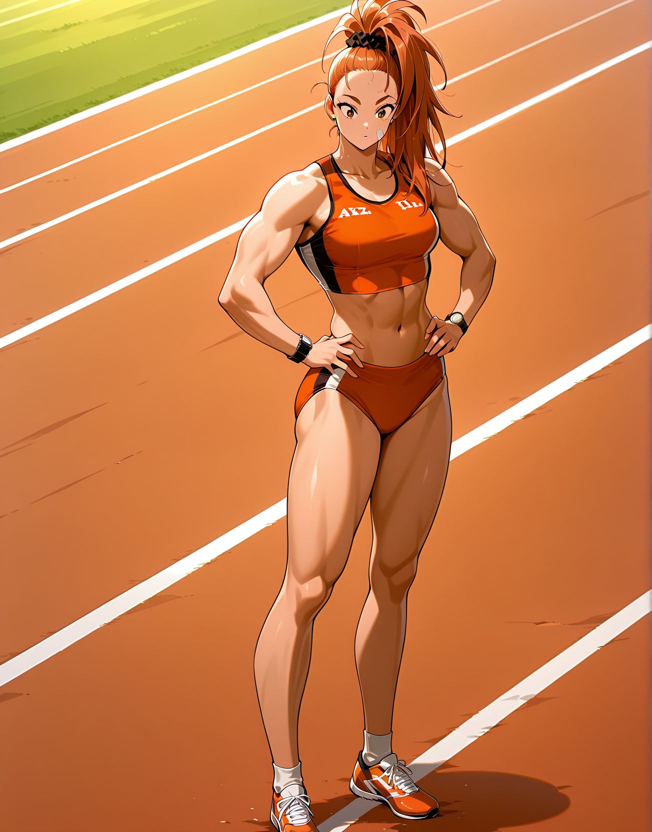 <lora:add-detail-xl:0.5>,,masterpiece,best quality,anime coloring,anime screenshot,
<lora:female_athlete:1>female_athleteV1,
1girl,buruma,ass, solo, 
track and field,track uniform,
sneakers,watch,
sports crop top,
track briefs,midriff,
hands on hip,standing,
<lora:CaptainMizuki(Manga)_ILXL_v1:0.8> captain mizuki,  bandaid on face, muscular female, toned, long hair, ponytail, forehead, hair scrunchie, 
sports bra, midriff, navel, linea alba, buruma,