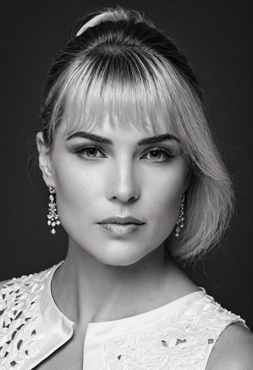 A striking monochrome portrait of a high-fashion model captured in a classic, Vogue-inspired photoshoot. The image focuses on her upper body, showcasing sharp bone structure and flawless skin illuminated by dramatic, high-contrast lighting. Shadows and highlights play artfully across her face. Her gaze is powerful and direct, exuding confidence and sophistication, with slightly parted lips that add a touch of allure.
Her hair is styled sleekly back, drawing attention to her expressive features and creating a sculpted silhouette against a soft, shadowed background. She wears minimal accessories - perhaps a single, elegant earring catching the light adding sophistication without distraction. The monochrome palette enhances the texture and contrast, giving her skin a smooth, almost ethereal glow, while the deep shadows add depth and mystery. The overall composition feels timeless and refined, embodying classic beauty and editorial poise with a touch of modern edge.. backinblack, grayscale, monochrome