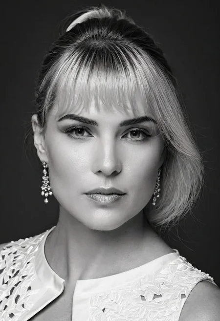 A striking monochrome portrait of a high-fashion model captured in a classic, Vogue-inspired photoshoot. The image focuses on her upper body, showcasing sharp bone structure and flawless skin illuminated by dramatic, high-contrast lighting. Shadows and highlights play artfully across her face. Her gaze is powerful and direct, exuding confidence and sophistication, with slightly parted lips that add a touch of allure.
Her hair is styled sleekly back, drawing attention to her expressive features and creating a sculpted silhouette against a soft, shadowed background. She wears minimal accessories - perhaps a single, elegant earring catching the light adding sophistication without distraction. The monochrome palette enhances the texture and contrast, giving her skin a smooth, almost ethereal glow, while the deep shadows add depth and mystery. The overall composition feels timeless and refined, embodying classic beauty and editorial poise with a touch of modern edge.. backinblack, grayscale, monochrome