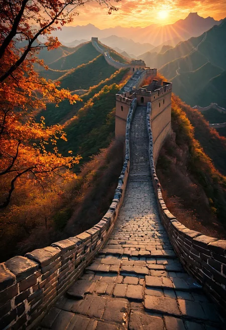 The sun has risen and is casting its light on the great wall (china). The great wall has awakened, I return with the same fervor as before, my soul as joyful as ever, eager to serve you. Joy surrounds me from every corner. A rich and complex photo of sounds, a living tapestry woven from the hues and textures captured by a digital mirrorless camera. This melody creates an enchanting and haunting shot world full of intricate details that invite you to listen and discover, Chinese wall, best qualit, photorealistic,, psychedelic art, extremely sharp focus, light leaks, unusual colors, abstract multilayer texture, by Abigail Larson , detailmaximizer, midjourneyv6.1,