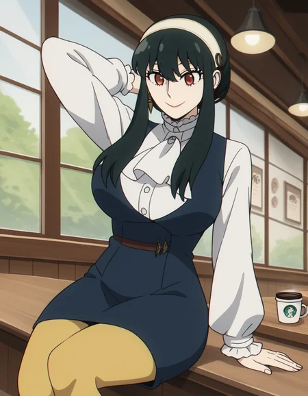 score_9, score_8_up, score_7_up, source_anime, <lora:yor-briar-movie-ponyxl-lora-nochekaiser:1>, yor briar, black hair, red eyes, sidelocks, hairband, short hair with long locks, white hairband, large breasts,, shirt, long sleeves, pantyhose, ascot, frilled sleeves, blue dress, white sleeves, cafe, coffee cup, barista, sitting down, talking, relaxing, sunlight through window, smile, , hand behind head, , solo,, cowboy shot, dutch angle,