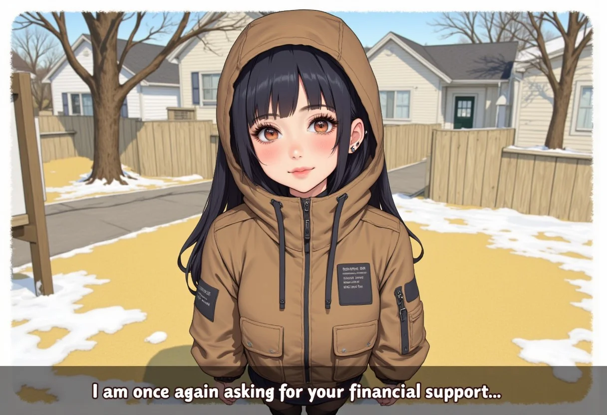 An anime-style illustration with the text "I am once again asking for your financial support" on the bottom of the image without a background highlight. A petite young woman with long black hair featuring blue tips, brown eyes, and makeup accentuating her puffy lips stands confidently outdoors on a small front yard with yellow-green grass, bare trees, light patches of snow, and residential homes in the background. She wears a brown waterproof jacket with a rough texture and gazes directly at the viewer with a warm smile. Her arms rest naturally at her sides, and her light skin contrasts with the bright colors of the environment. The background is intentionally blurred to create a depth of field effect, emphasizing the subject. Intricate details highlight her facial features, hair, and clothing.