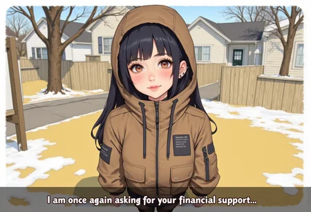 An anime-style illustration with the text "I am once again asking for your financial support" on the bottom of the image without a background highlight. A petite young woman with long black hair featuring blue tips, brown eyes, and makeup accentuating her puffy lips stands confidently outdoors on a small front yard with yellow-green grass, bare trees, light patches of snow, and residential homes in the background. She wears a brown waterproof jacket with a rough texture and gazes directly at the viewer with a warm smile. Her arms rest naturally at her sides, and her light skin contrasts with the bright colors of the environment. The background is intentionally blurred to create a depth of field effect, emphasizing the subject. Intricate details highlight her facial features, hair, and clothing.