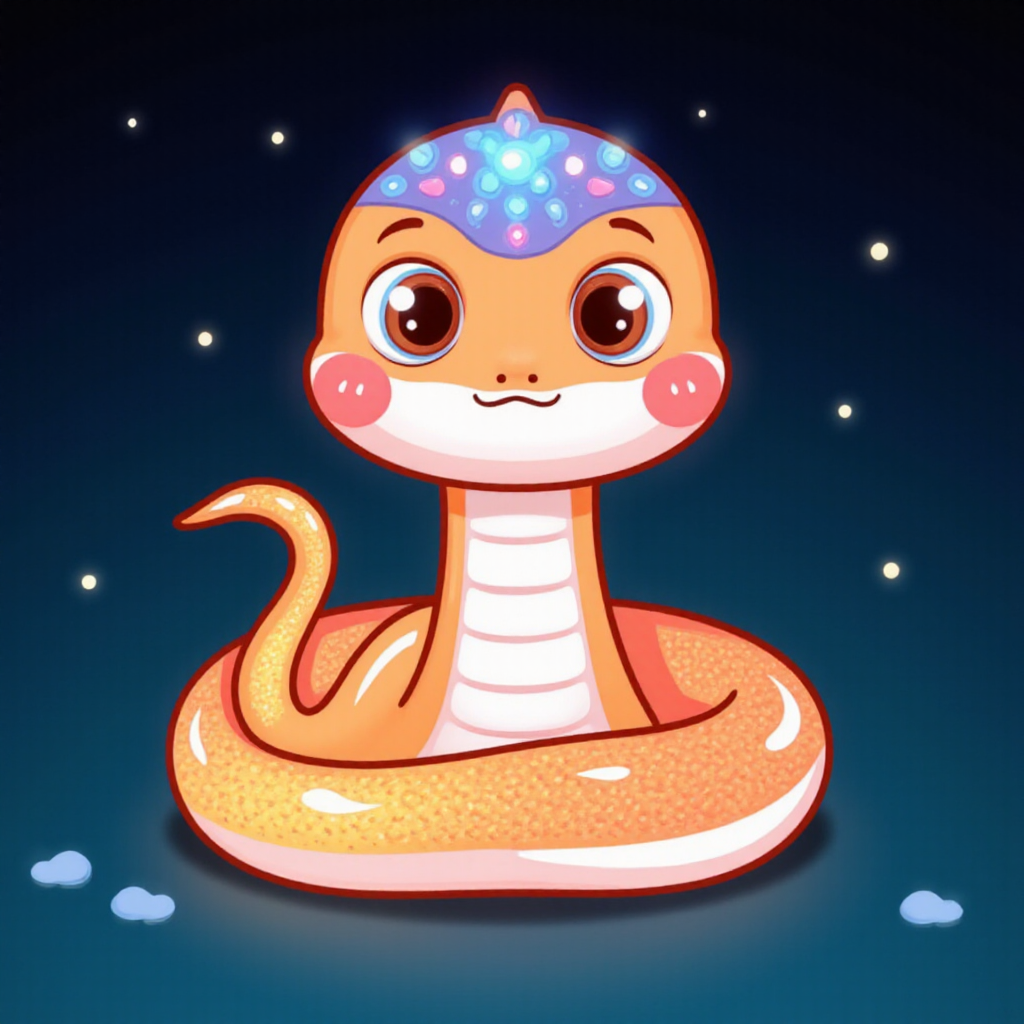 shebaobao, neouv, a cartoon baby snake with glowing illuminated iridescent scales.  <lora:shebaobao_flux_snake_Cartoon_v2.safetensors:1.0>