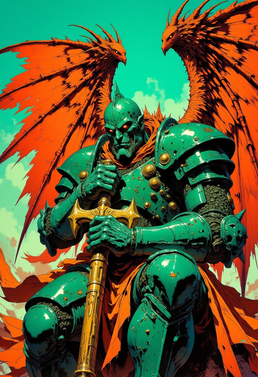 cinematic film still award winning photo .Stark teal and orange winged dreadnaught knight resting his arms on a large golden axe,shallow depth of field, vignette, highly detailed, high budget, bokeh, cinemascope, moody, epic, gorgeous, film grain, grainy,anime, cyberpunk, Comic book style,CAICO