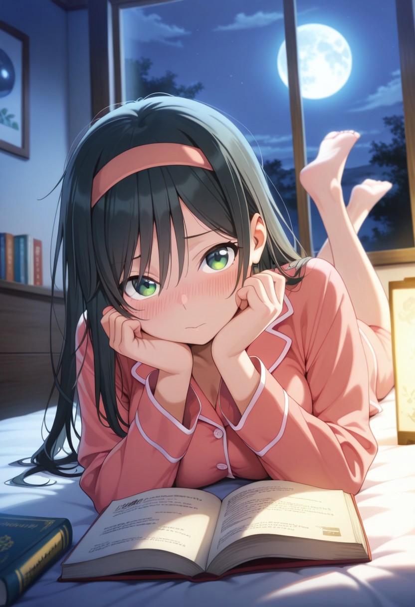 masterpiece,best quality,amazing quality, amagami yae, long hair, black hair, green eyes, 1girl, solo, lying, blush, moon, book, barefoot, on stomach, night, indoors, window, looking at viewer, pajamas, hairband
