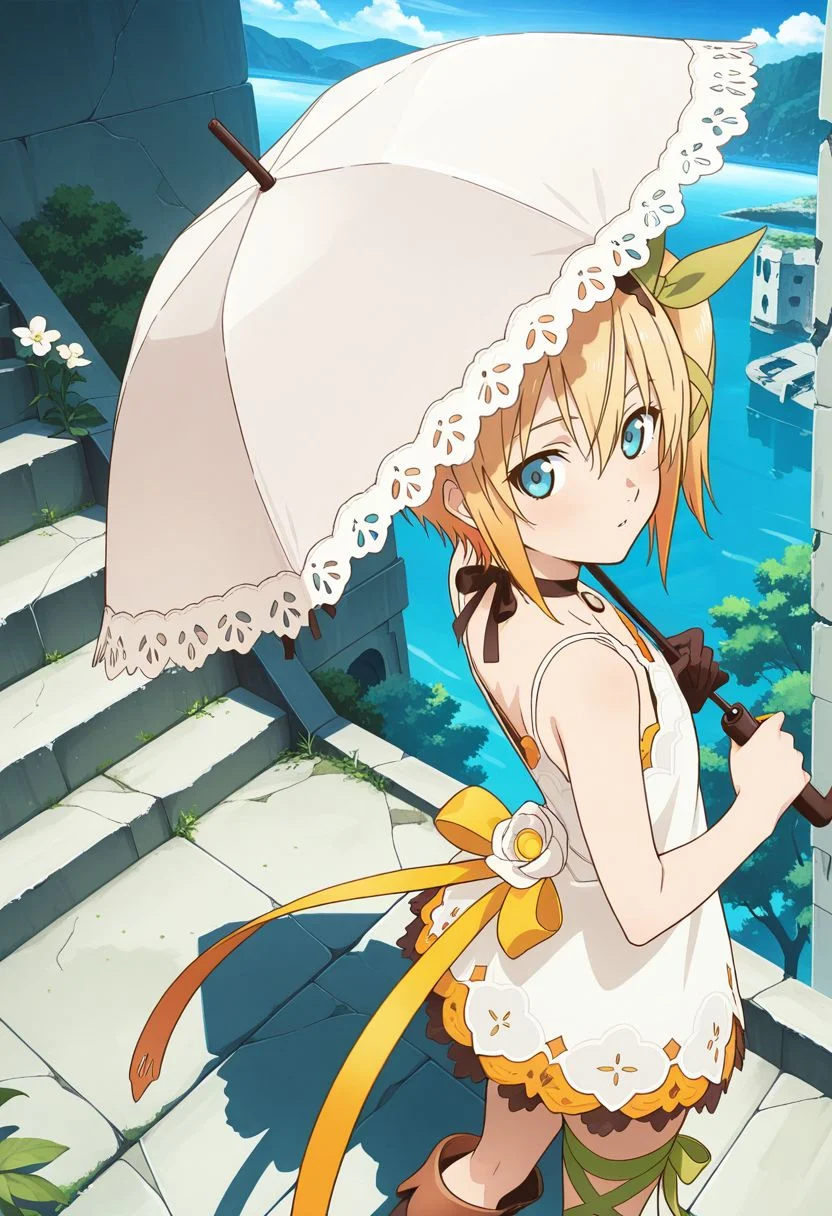 detailed eyes, beautiful, detailed background, perfect eyes,
source_anime, very aesthetic, anime coloring,
<lora:HandFineTuning_XL:1>
BREAK,
outdoor, ruins, trees. stairs,
cowboy shot, flat chest,
dynamic angle, full body, from behind, looking back, from above,
BREAK,
<lora:edna_illustrious_v01:0.9>
ednabase, short hair, blonde hair, multicolored hair, orange hair, blue eyes, hair between eyes, bow hairband, hair bow, hair ribbon, side ponytail,
white dress, sleeveless dress, single glove,
boots, leg ribbon, umbrella, two white flowers,
