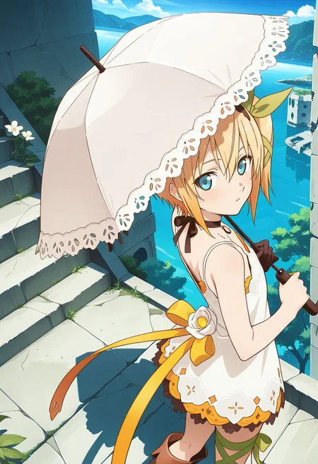 detailed eyes, beautiful, detailed background, perfect eyes,
source_anime, very aesthetic, anime coloring,
<lora:HandFineTuning_XL:1>
BREAK,
outdoor, ruins, trees. stairs,
cowboy shot, flat chest,
dynamic angle, full body, from behind, looking back, from above,
BREAK,
<lora:edna_illustrious_v01:0.9>
ednabase, short hair, blonde hair, multicolored hair, orange hair, blue eyes, hair between eyes, bow hairband, hair bow, hair ribbon, side ponytail,
white dress, sleeveless dress, single glove,
boots, leg ribbon, umbrella, two white flowers,